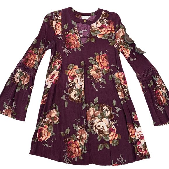 Altar'd State Burgundy W/Floral Print Bell Sleeve Boho Tunic/Dress - SIZE SMALL - Picture 2 of 6